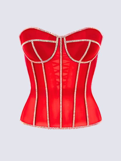 Precious Closet Sheer Mesh Crystal Trim Boned Corset Top