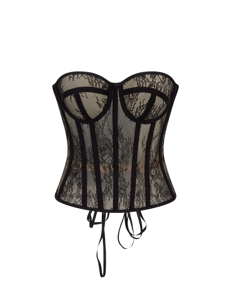 Precious Closet Black Lace Sheer Boned Sweetheart Corset Top