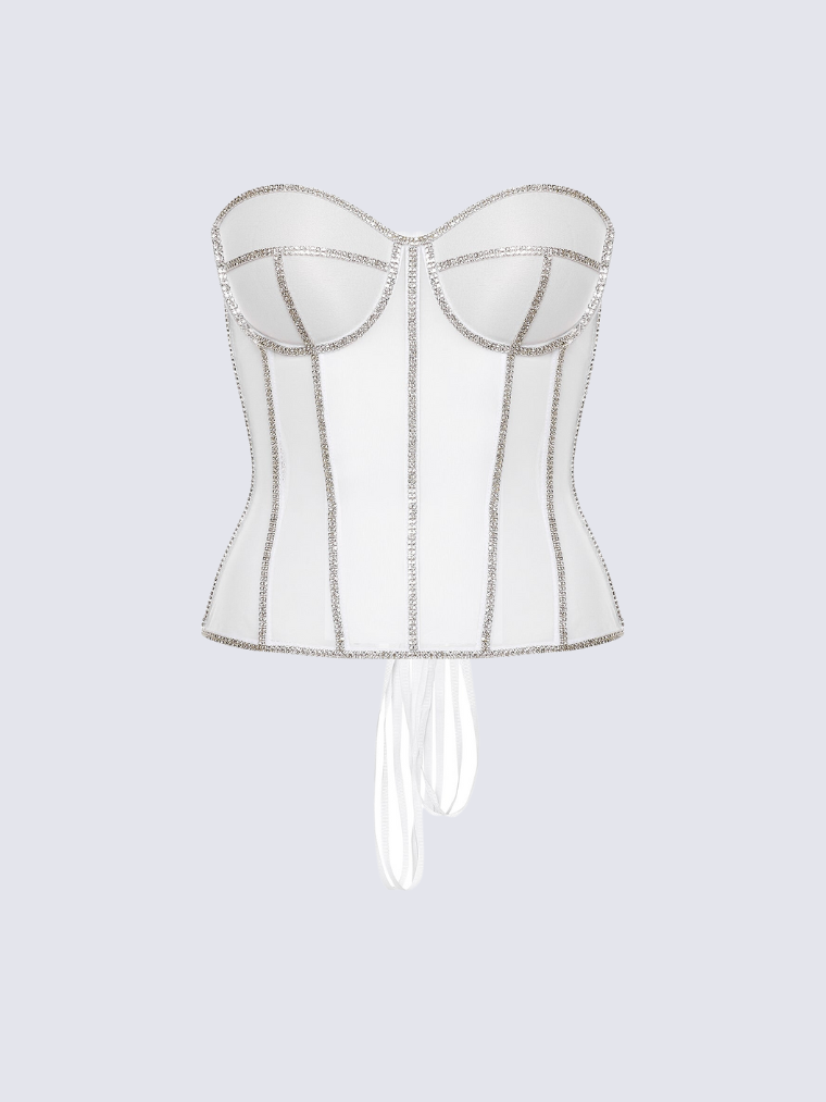 Precious Closet White Crystal Embellished Sheer Corset Bra Top