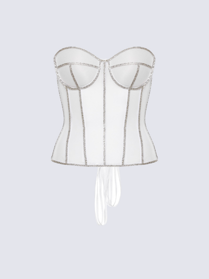 Precious Closet White Crystal Embellished Sheer Corset Bra Top