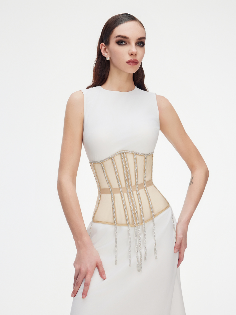 Precious Closet Cape Rhinestone Fringe Waist Corset Belt