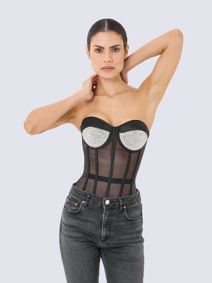 Precious Closet Mesh Rhinestone Cup Boned Corset Bustier Top