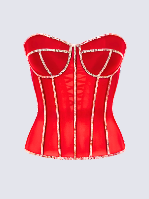 Precious Closet Red Crystal Embellished Sheer Corset Bra Top