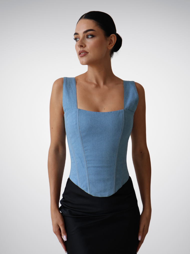 Precious Closet Blue Denim Off Shoulder Bustier Corset
