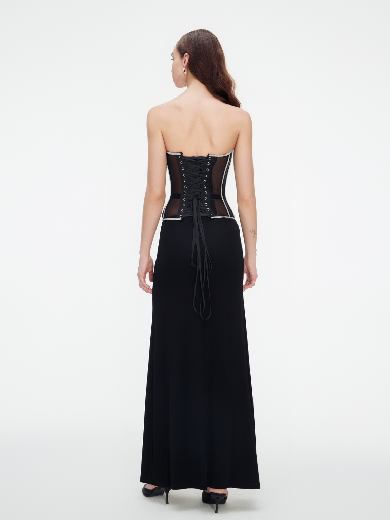 Precious Closet Black Crystal Embellished Sheer Corset Bra Top