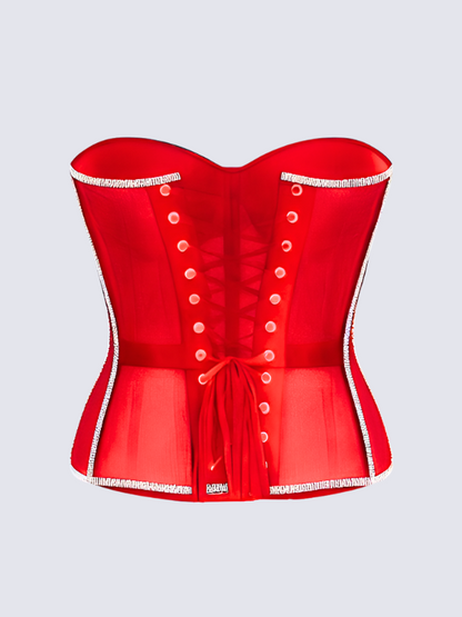 Precious Closet Red Crystal Embellished Sheer Corset Bra Top