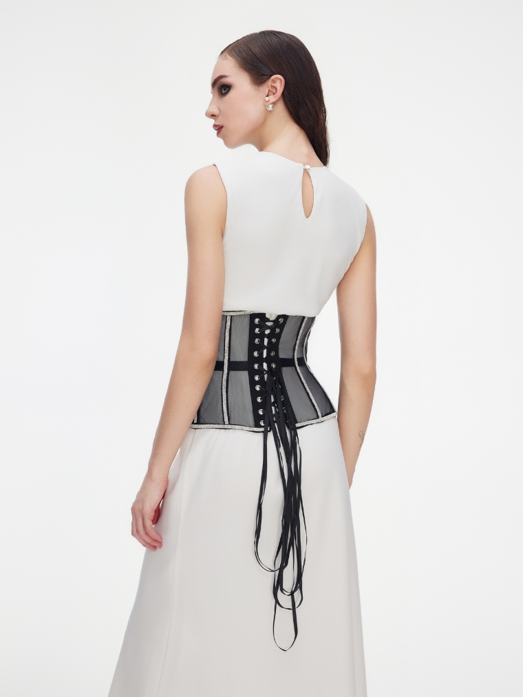 Precious Closet Black Mesh Crystal Trim Waist Corset