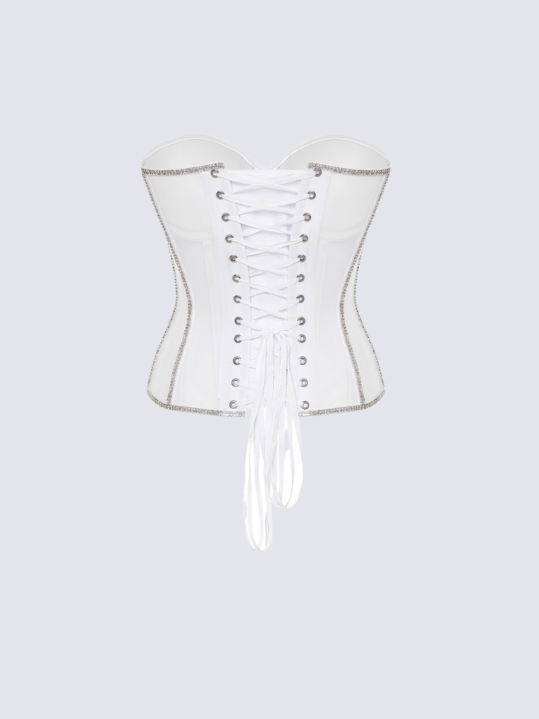 Precious Closet White Crystal Embellished Sheer Corset Bra Top