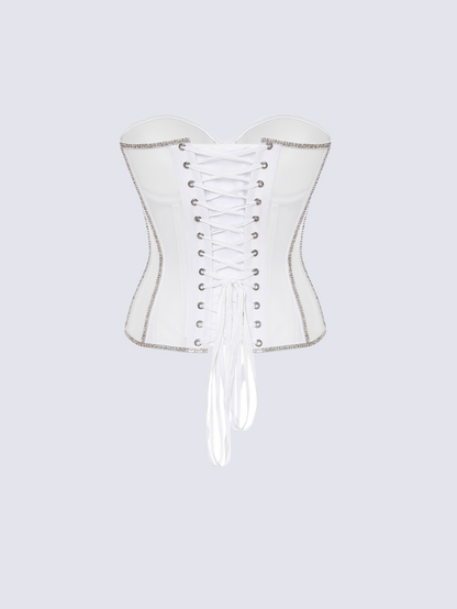 Precious Closet White Crystal Embellished Sheer Corset Bra Top
