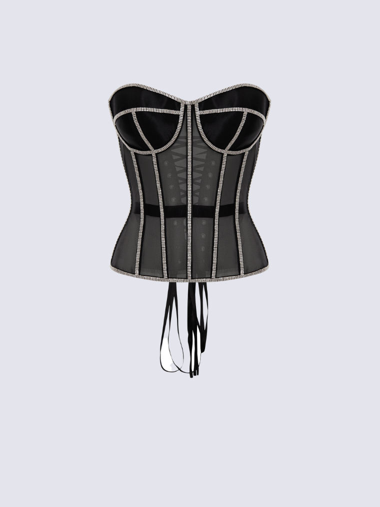 Precious Closet Black Crystal Embellished Sheer Corset Bra Top