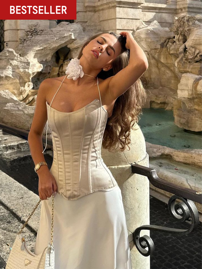 Precious Closet Beige Satin Strapless Corset Top