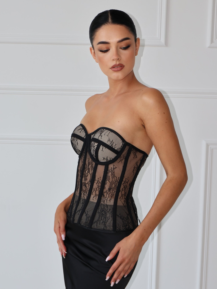 Precious Closet Black Floral Lace Sheer Bustier Corset