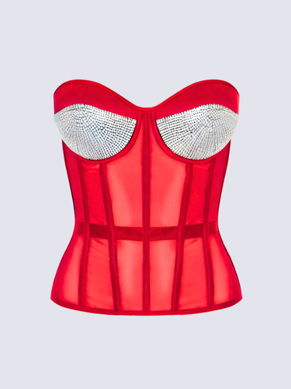 Precious Closet Mesh Rhinestone Cup Boned Corset Bustier Top
