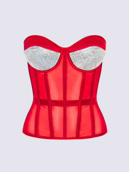 Precious Closet Mesh Rhinestone Cup Boned Corset Bustier Top