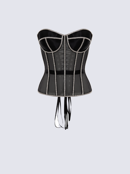 Precious Closet Sheer Mesh Crystal Trim Boned Corset Top