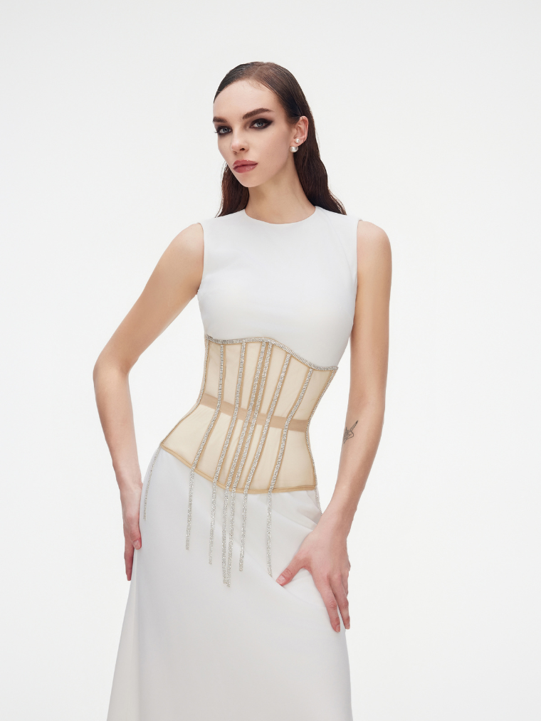 Precious Closet Cape Rhinestone Fringe Waist Corset Belt