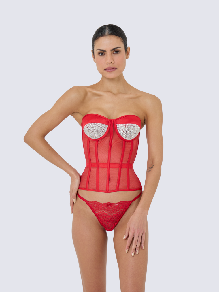 Precious Closet Mesh Rhinestone Cup Boned Corset Bustier Top