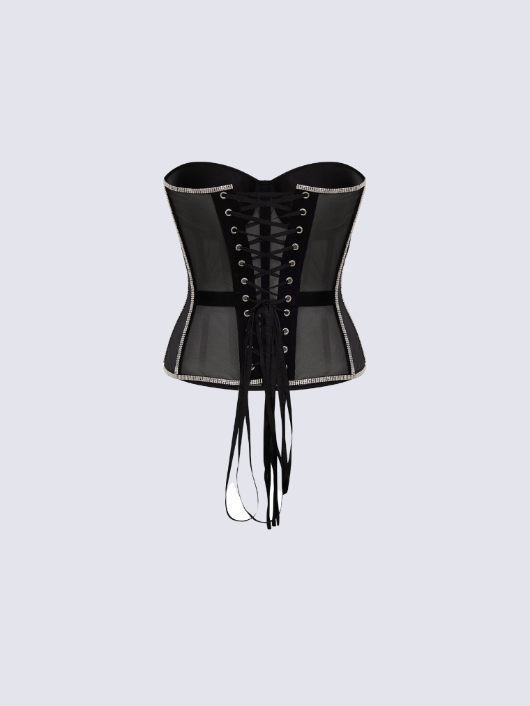 Precious Closet Black Crystal Embellished Sheer Corset Bra Top