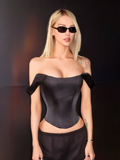 Precious Closet Black Satin Off Shoulder Bustier Corset