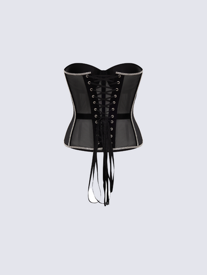 Precious Closet Sheer Mesh Crystal Trim Boned Corset Top