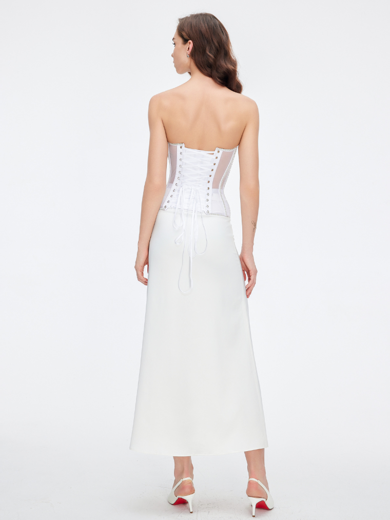 Precious Closet White Crystal Embellished Sheer Corset Bra Top