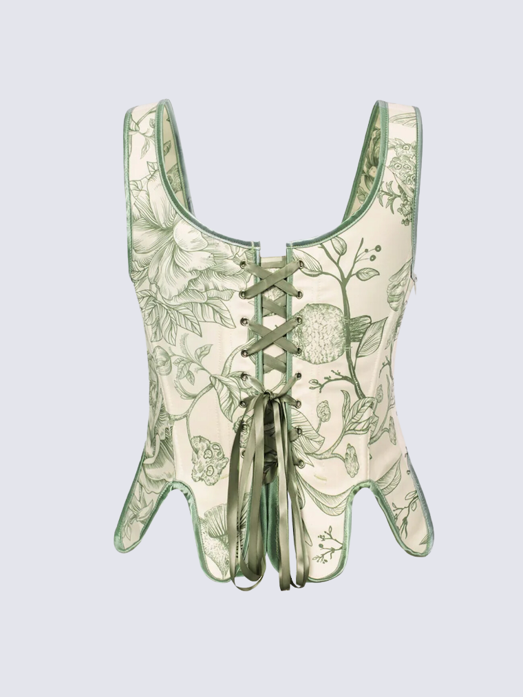 Precious Closet Floral Green Toile Tie Strap Corset Top
