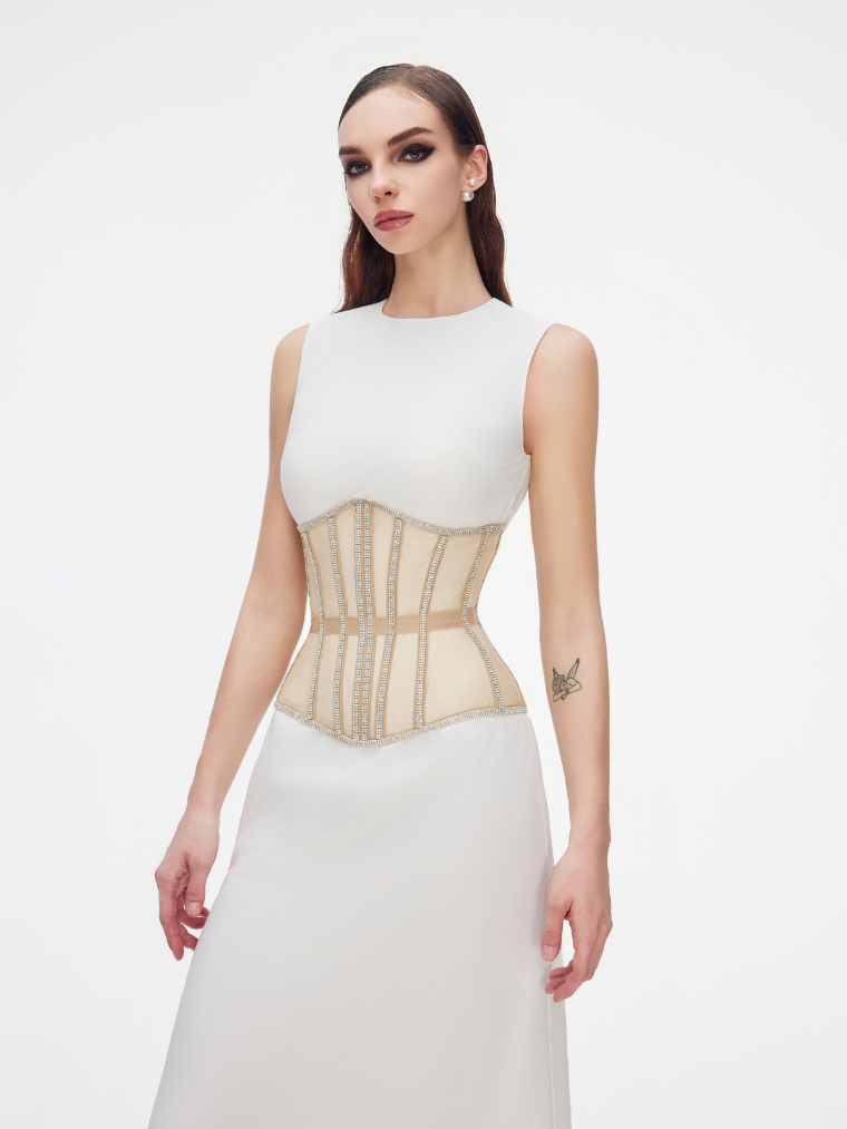 Precious Closet Black Mesh Crystal Trim Waist Corset