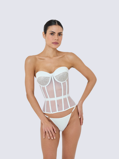 Precious Closet White Mesh Crystal Cup Bustier Corset