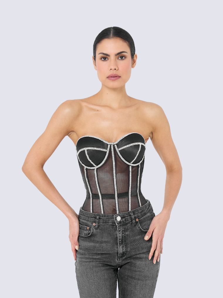 Precious Closet Black Crystal Embellished Sheer Corset Bra Top
