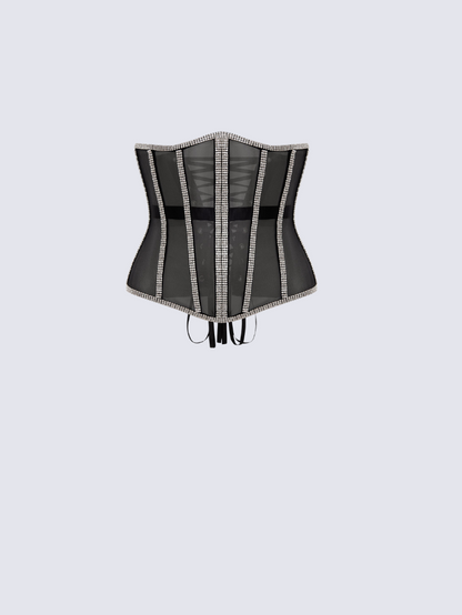 Precious Closet Black Mesh Crystal Trim Waist Corset