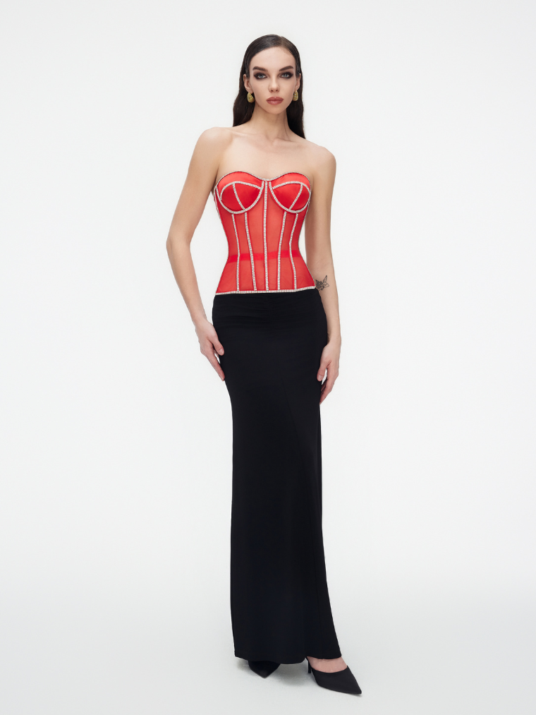 Precious Closet Red Crystal Embellished Sheer Corset Bra Top