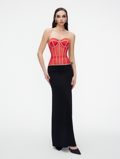 Precious Closet Red Crystal Embellished Sheer Corset Bra Top