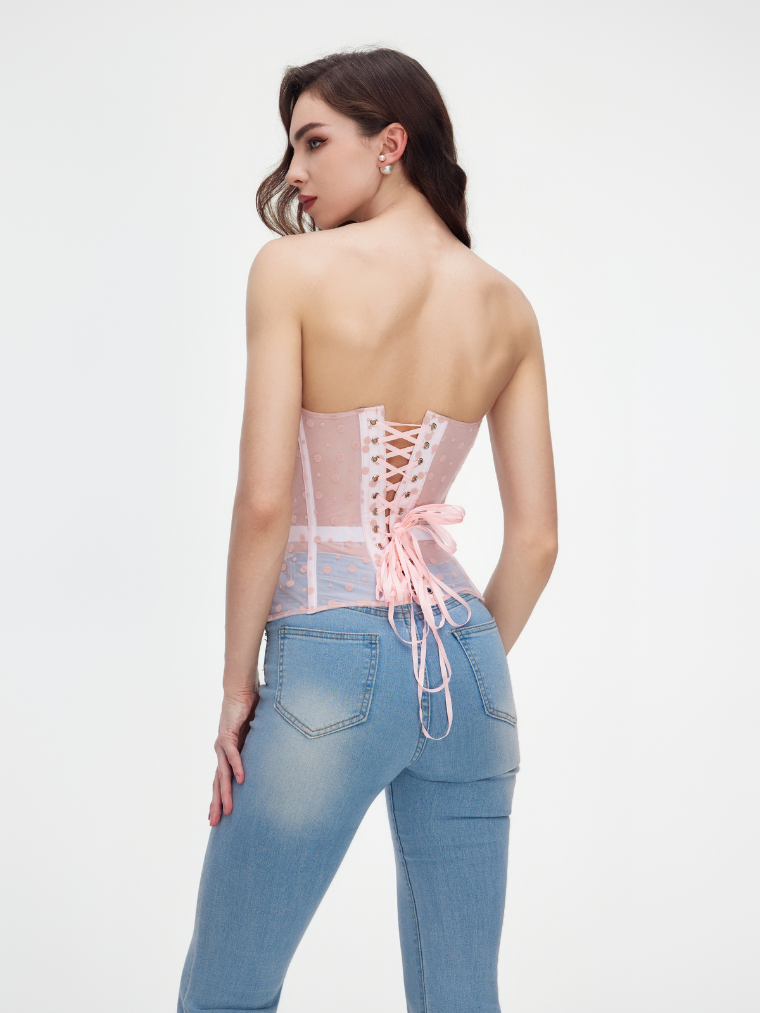Precious Closet Pink Polka Dot Sheer Mesh Strapless Corset Top