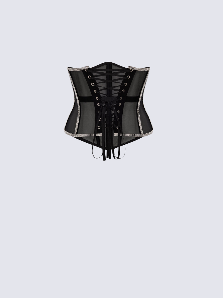 Precious Closet Black Mesh Crystal Trim Waist Corset