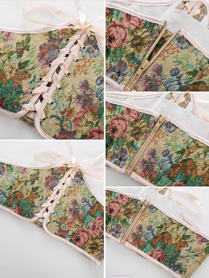 Precious Closet Floral Tapestry Ribbon Tie Corset