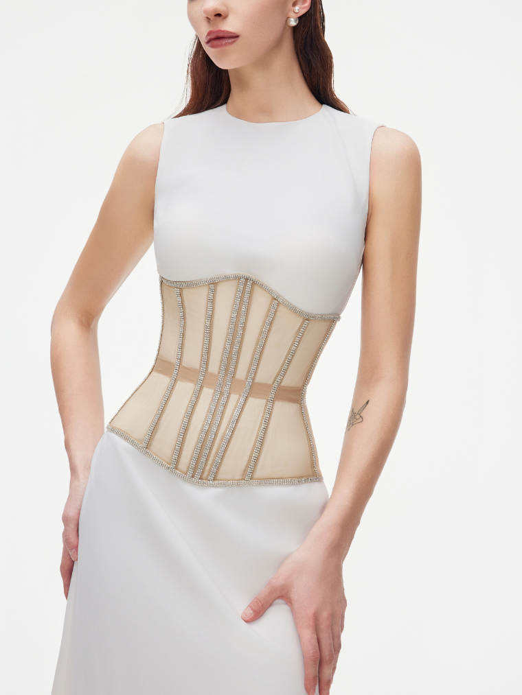 Precious Closet Black Mesh Crystal Trim Waist Corset
