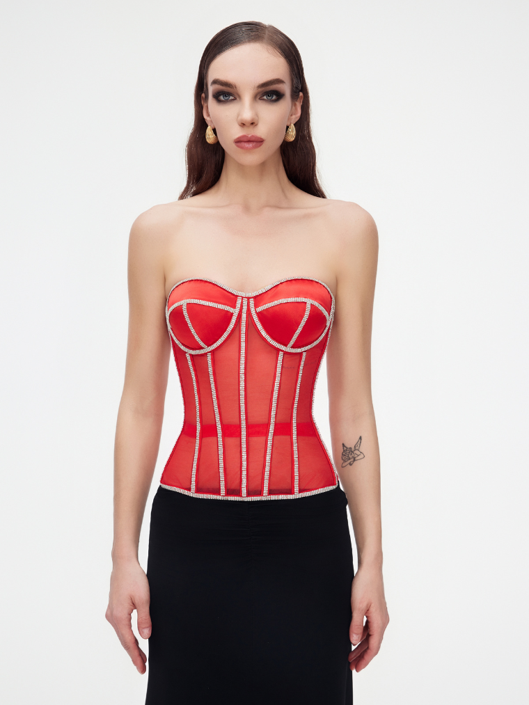 Precious Closet Red Crystal Embellished Sheer Corset Bra Top