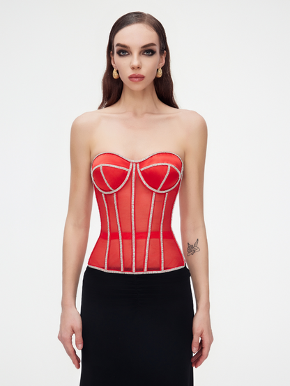 Precious Closet Red Crystal Embellished Sheer Corset Bra Top