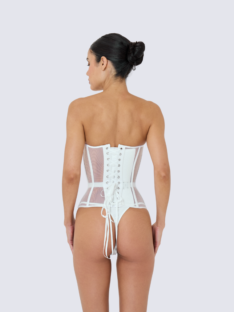 Precious Closet White Mesh Crystal Cup Bustier Corset