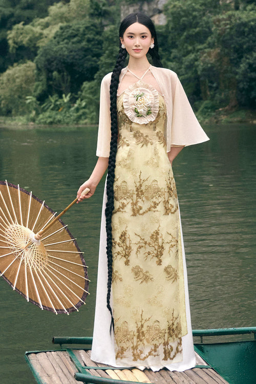 Tuong Cuc A-line Cape Sleeved Silk Organza Floor Length Ao Dai Set