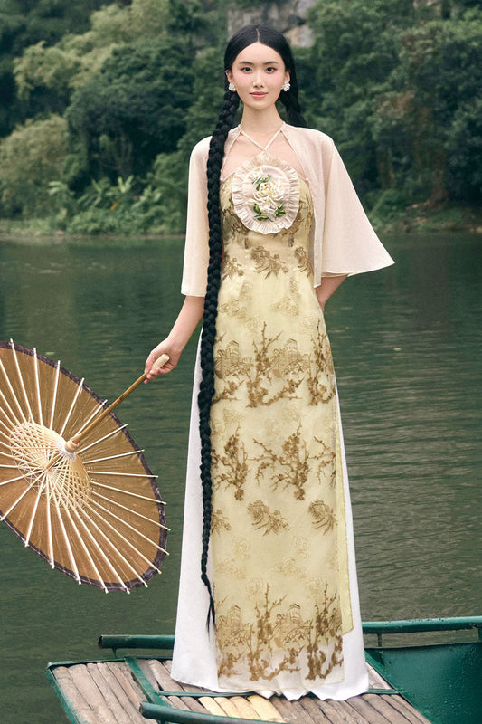 Tuong Cuc A-line Cape Sleeved Silk Organza Floor Length Ao Dai Set