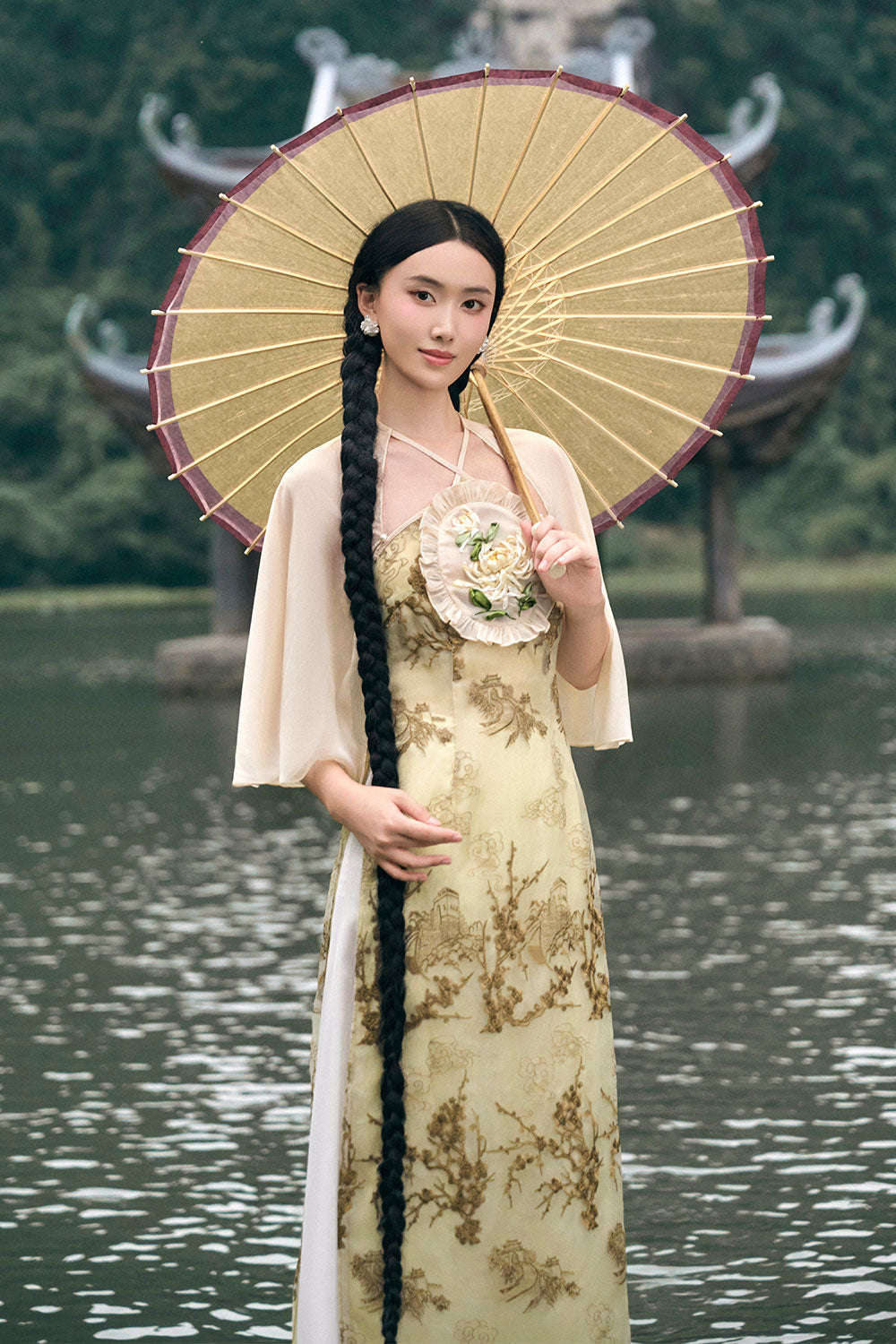 Tuong Cuc A-line Cape Sleeved Silk Organza Floor Length Ao Dai Set