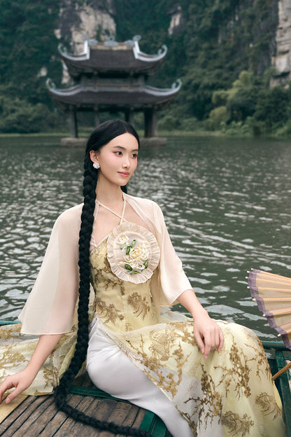 Tuong Cuc A-line Cape Sleeved Silk Organza Floor Length Ao Dai Set