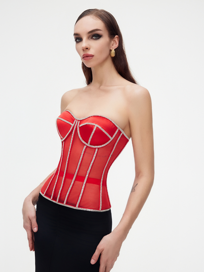 Precious Closet Red Crystal Embellished Sheer Corset Bra Top