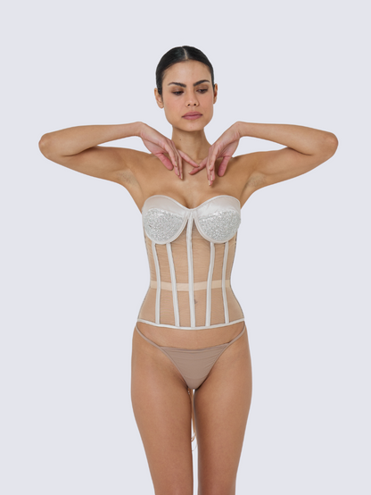 Precious Closet Beige Mesh Crystal Cup Bustier Corset