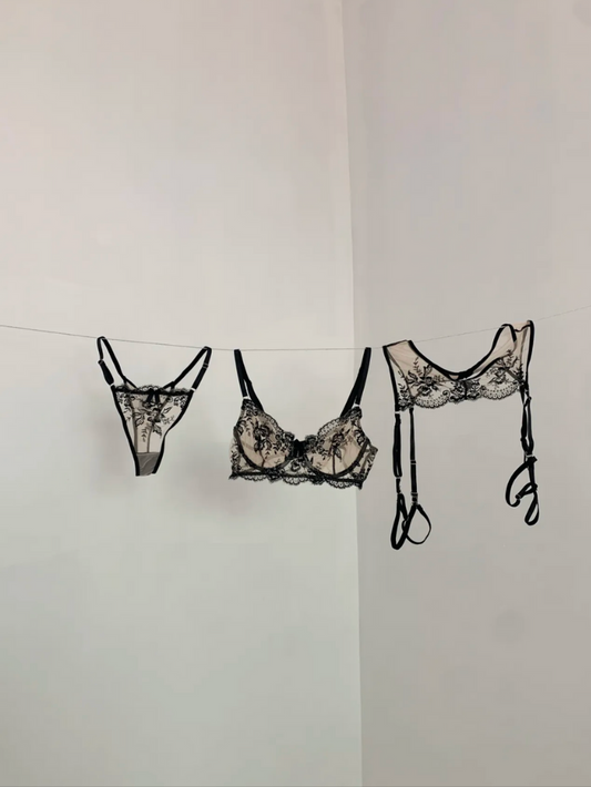 Precious Closet Black Floral Lace 3-Piece Lingerie Set