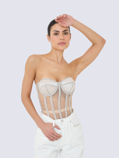 Precious Closet Sheer Mesh Crystal Trim Boned Corset Top