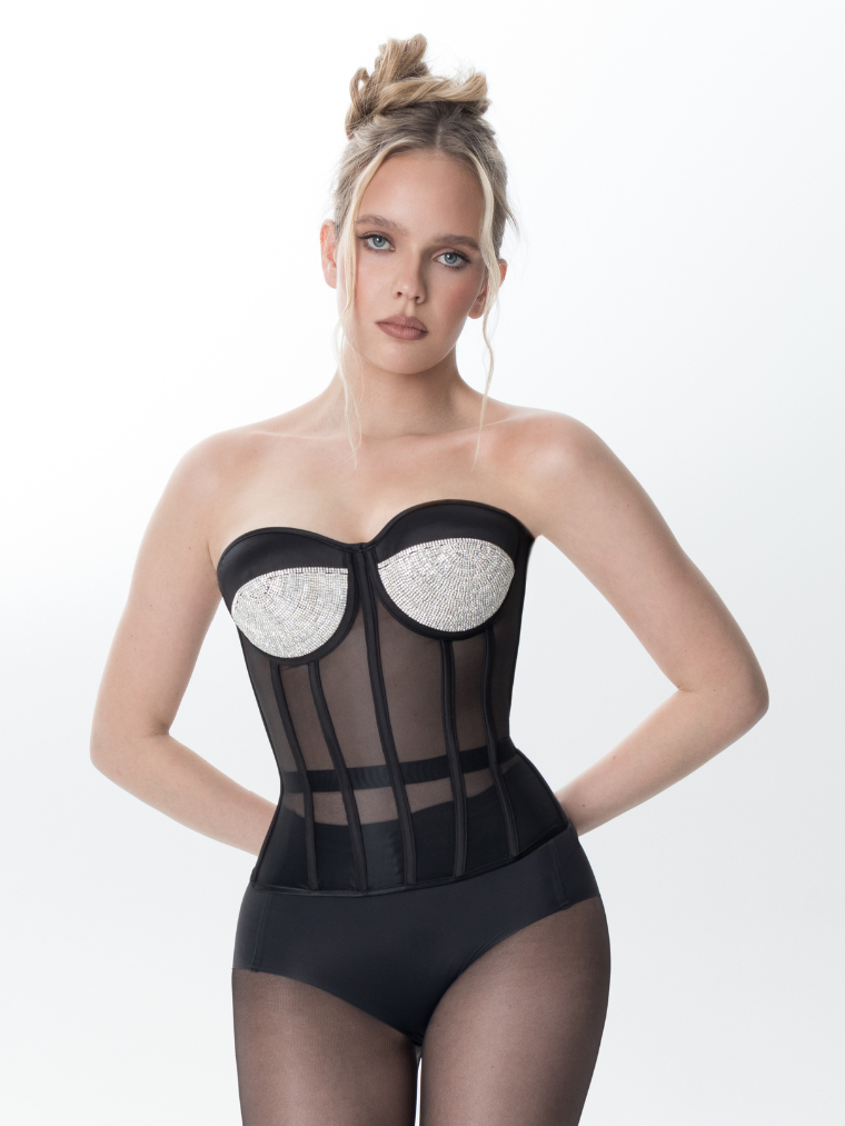 Precious Closet Black Mesh Crystal Cup Bustier Corset