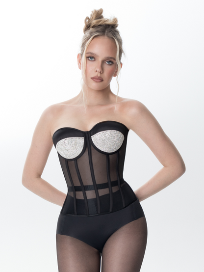 Precious Closet Black Mesh Crystal Cup Bustier Corset
