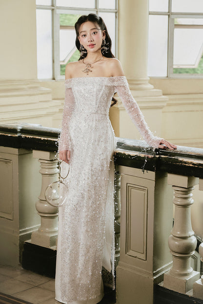 Minh Chau Sheath Off-Shoulder Lace Midi Ao Dai